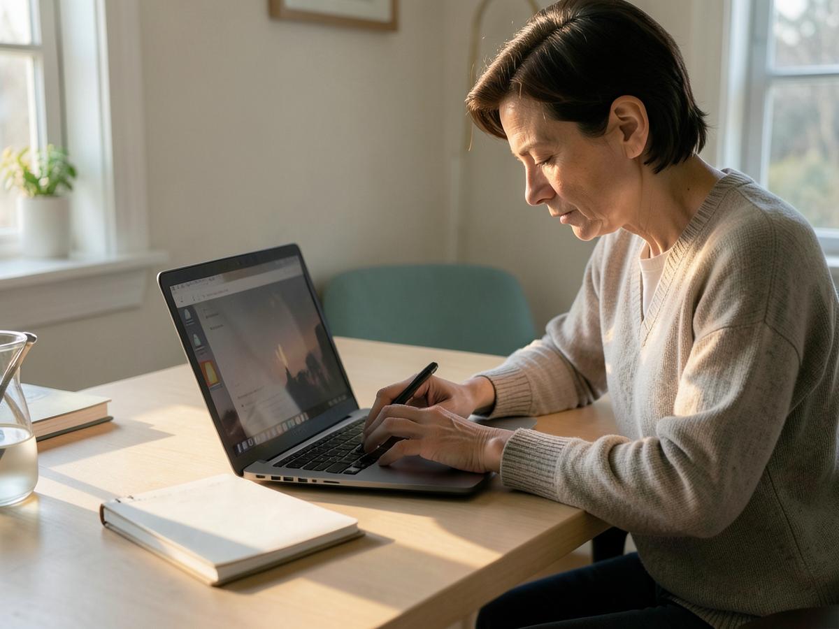 An adult working at a desk in late afternoon light