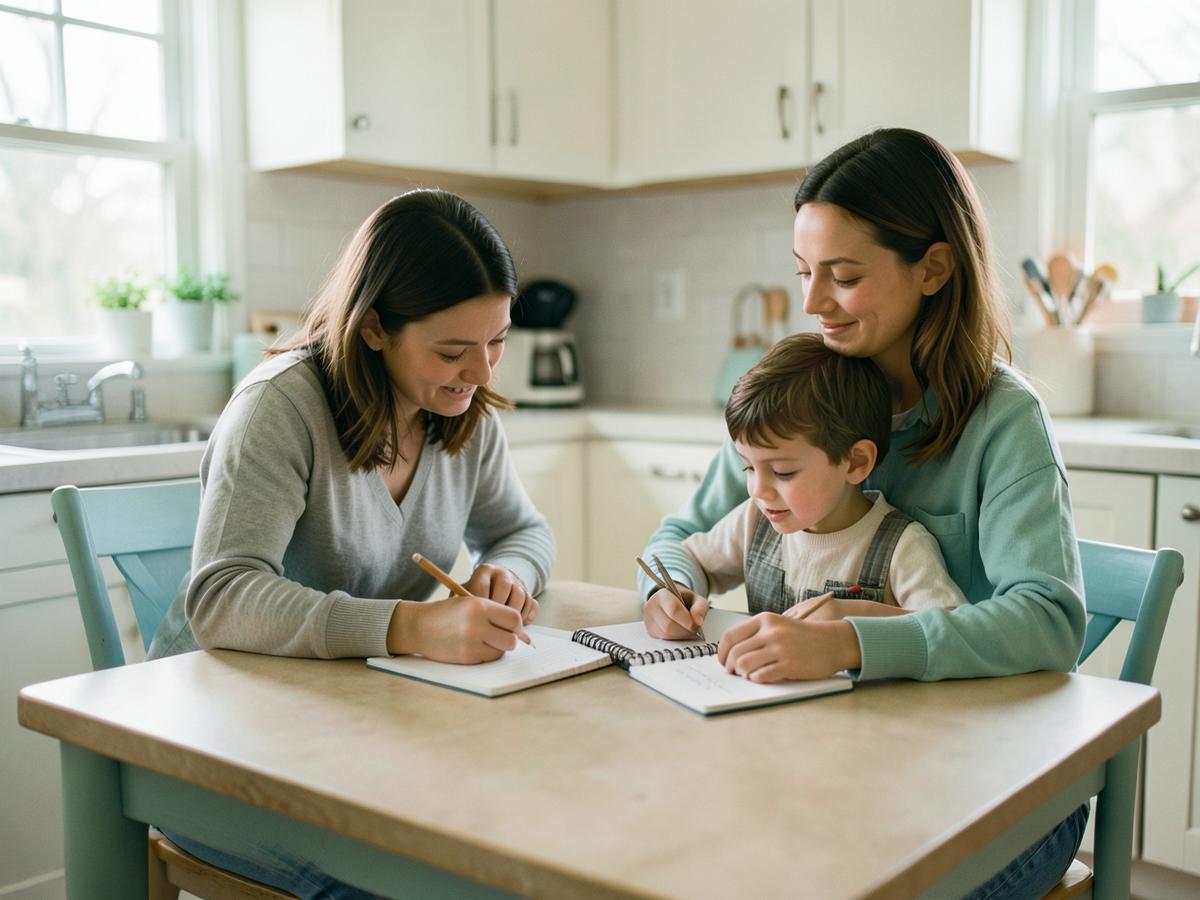 A parent and child doing homework together at a kitchen table